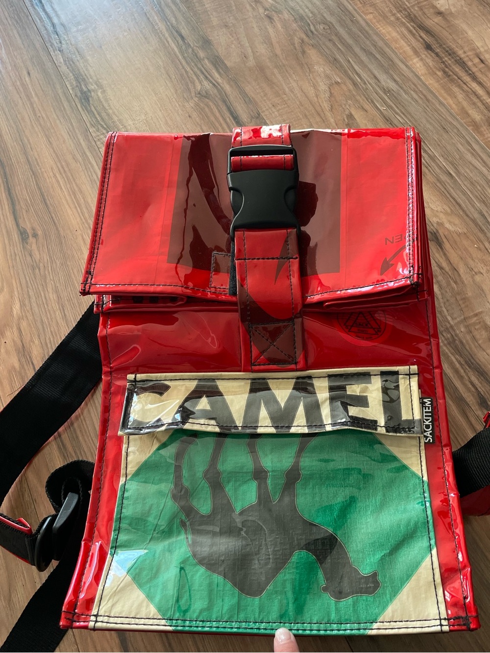 Source Unknown Red Vinyl Backpack with Graphic Panel
